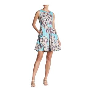 Taylor Floral Printed Scuba Pleated A-Line Turquoise Dress Size 10